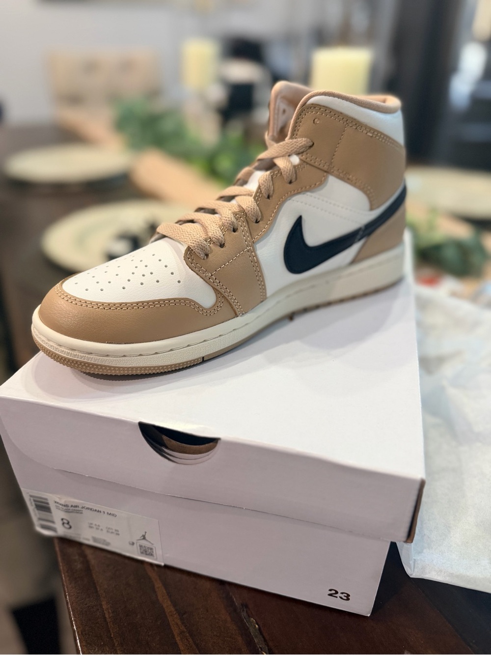 Nike Air Jordan 1 Mid Tan White with Black Swoosh